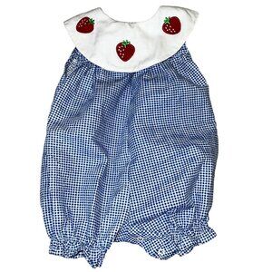 My Pal Girls Baby Romper 3-6 Months Blue Gingham Strawberry Embroidery
